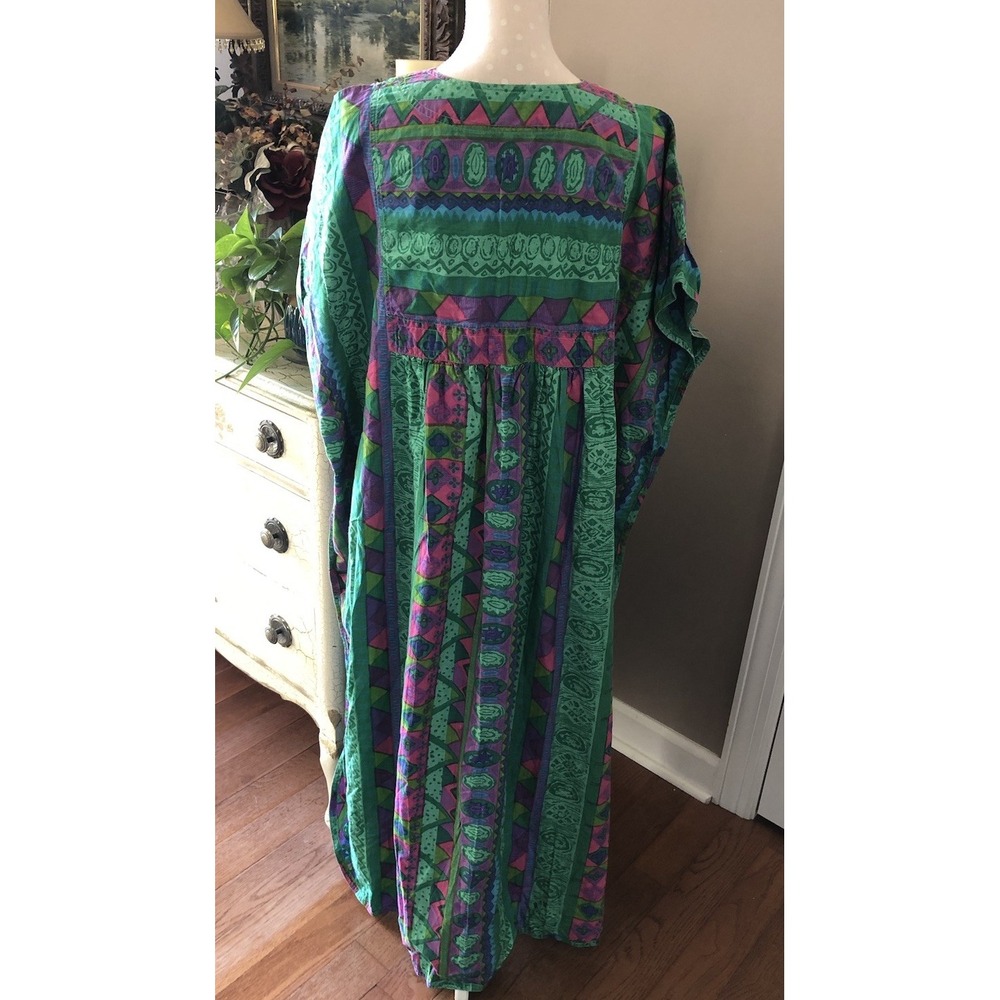 Vtg Kaftan 100% Cotton Long Kaftan Dress Caftan Vibrant Colors Kimono One Size - Picture 6 of 10